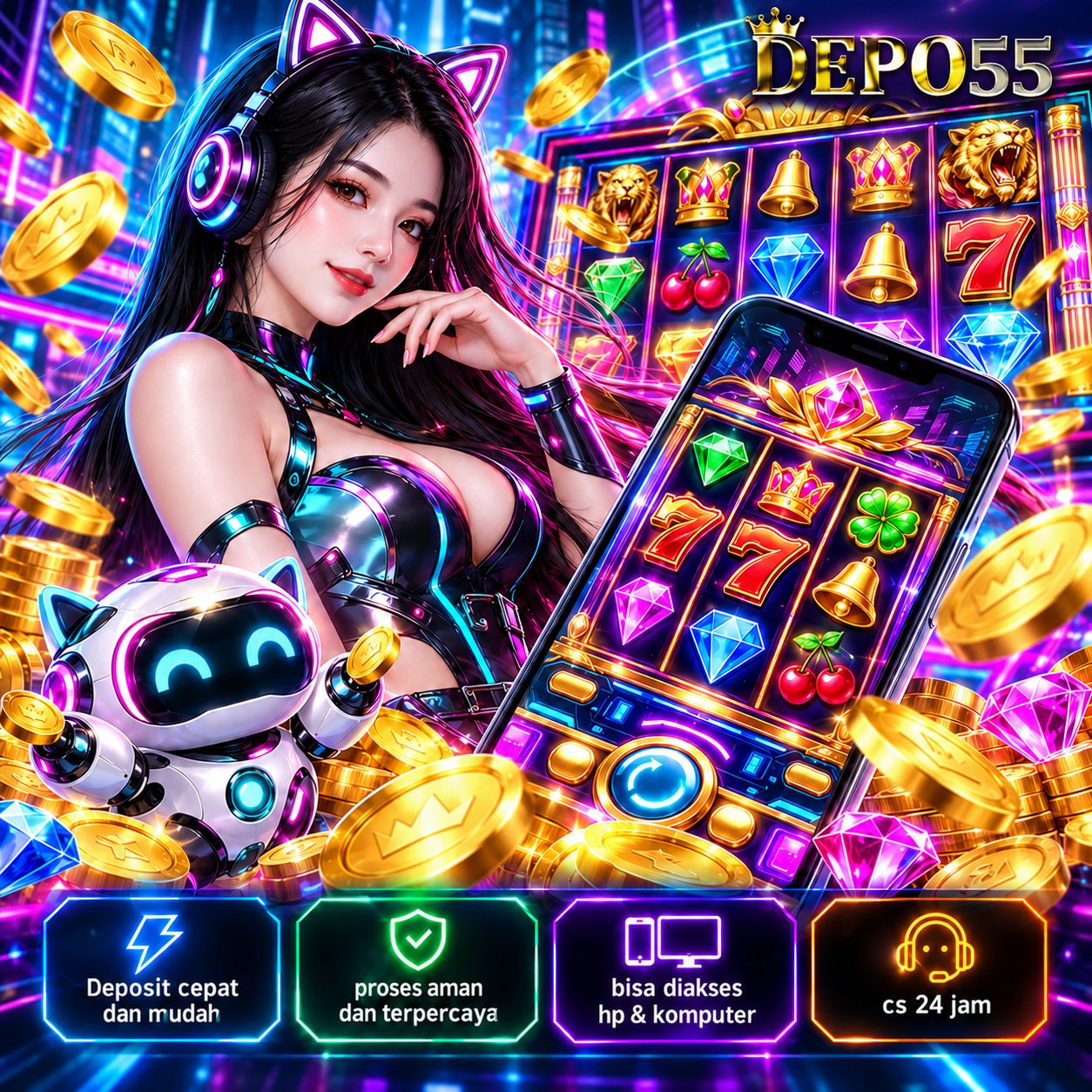 Banner DEPO55: event bertema scatter hitam dan naga emas